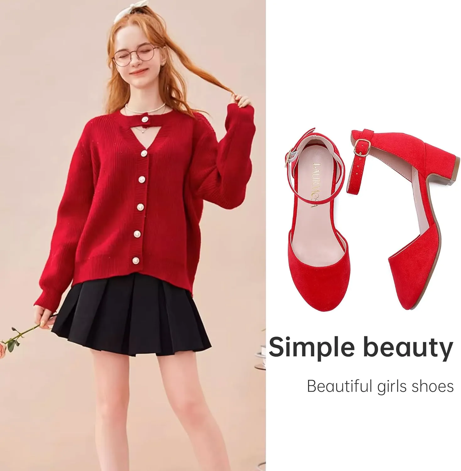 Girls Dress Shoes Closed Toe Chunky High Heels Ankle Strap Wedding Party Pump Shoes
