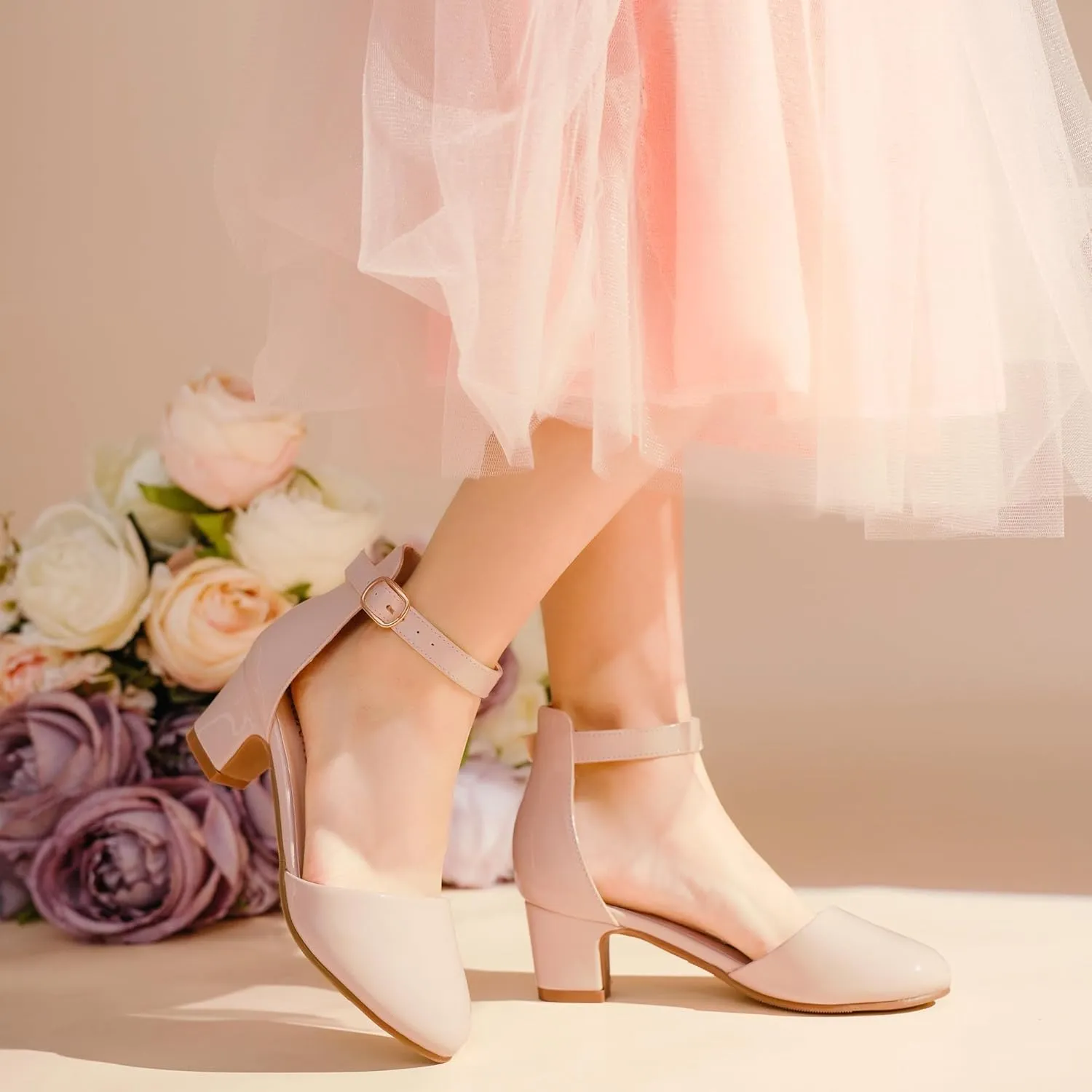 Girls Dress Shoes Closed Toe Chunky High Heels Ankle Strap Wedding Party Pump Shoes