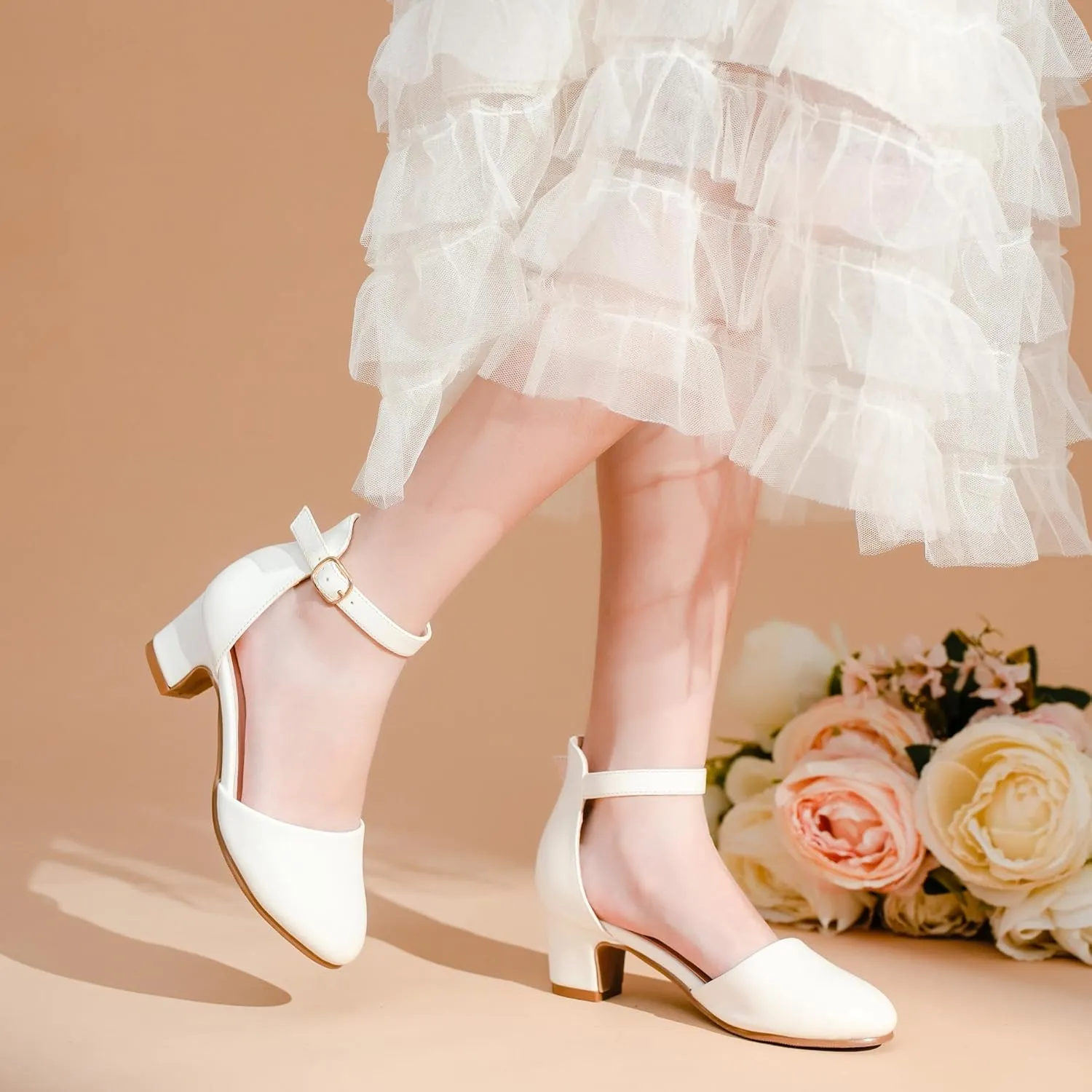 Girls Dress Shoes Closed Toe Chunky High Heels Ankle Strap Wedding Party Pump Shoes