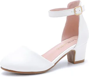 Girls Dress Shoes Closed Toe Chunky High Heels Ankle Strap Wedding Party Pump Shoes