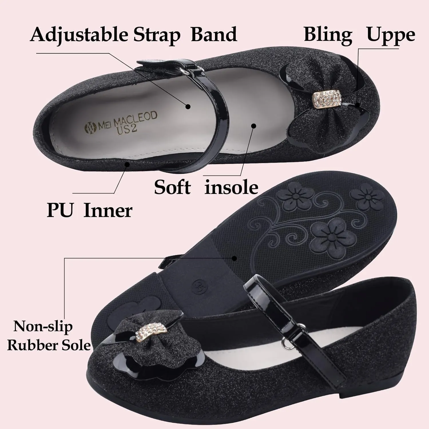 Girls Dress Shoes Mary Jane Shoes Low Heel Ballerina Flats Wedding Party School Shoes for Little/Big Kids