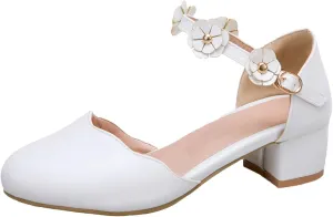 Girls Mary Jane Dress Shoes Pumps Heels Flower High School Prom Shoes Kids Closed Toe Strap Sandals for Teens Preppy