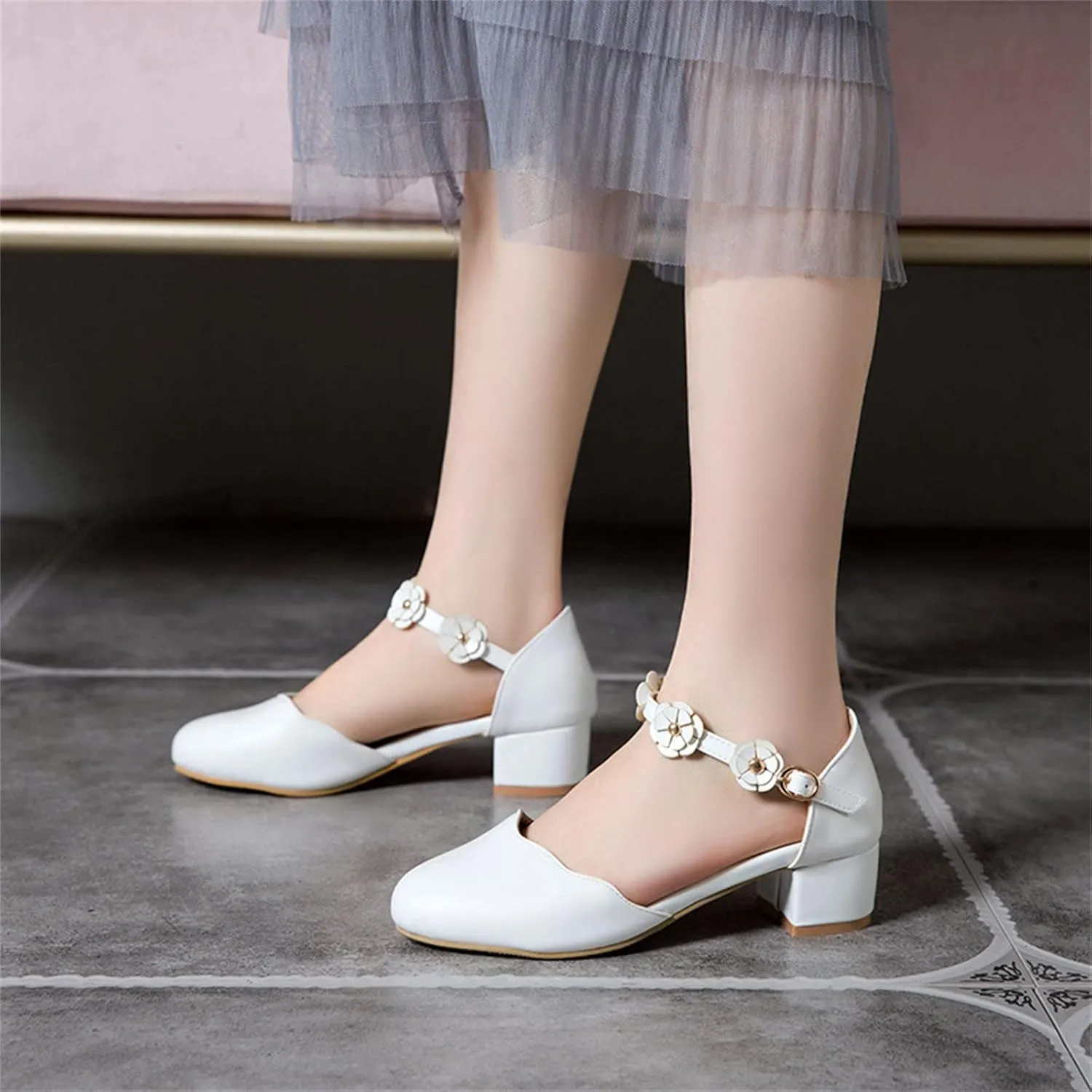 Girls Mary Jane Dress Shoes Pumps Heels Flower High School Prom Shoes Kids Closed Toe Strap Sandals for Teens Preppy