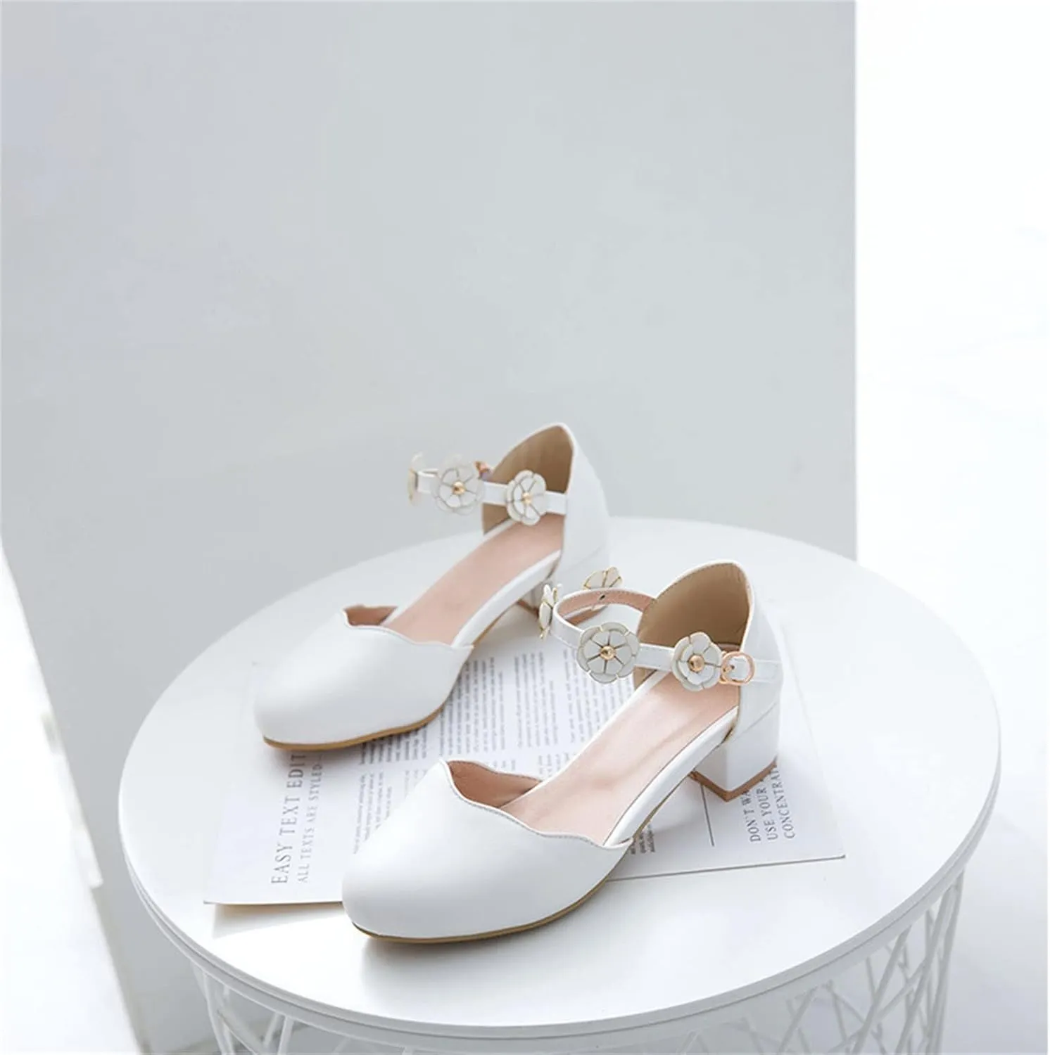Girls Mary Jane Dress Shoes Pumps Heels Flower High School Prom Shoes Kids Closed Toe Strap Sandals for Teens Preppy