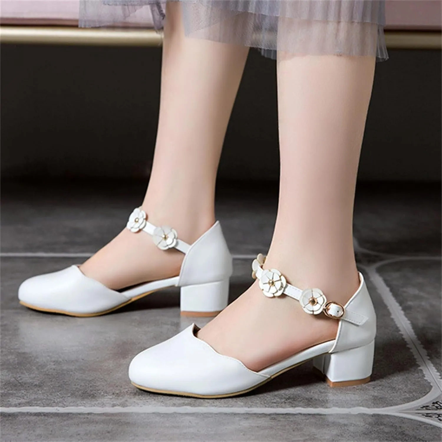 Girls Mary Jane Dress Shoes Pumps Heels Flower High School Prom Shoes Kids Closed Toe Strap Sandals for Teens Preppy