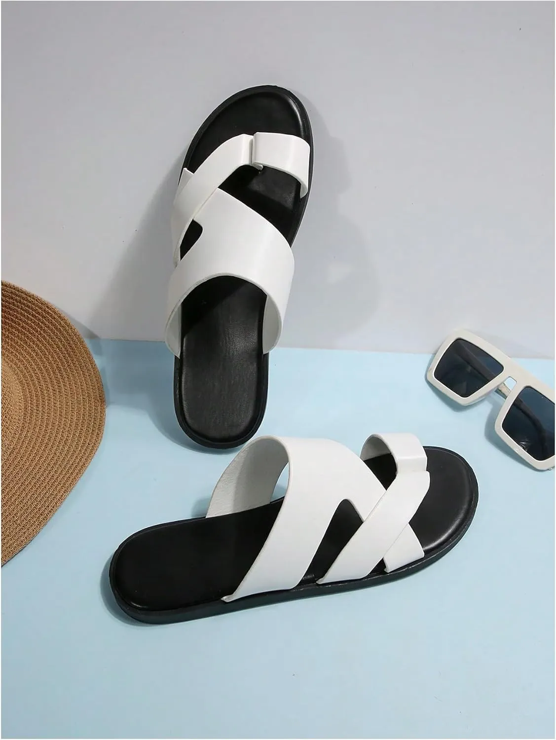 GORGLITTER Men's Beach Leather Sandals Slide Footwear Round Flip Flops Pu Slip On Slippers