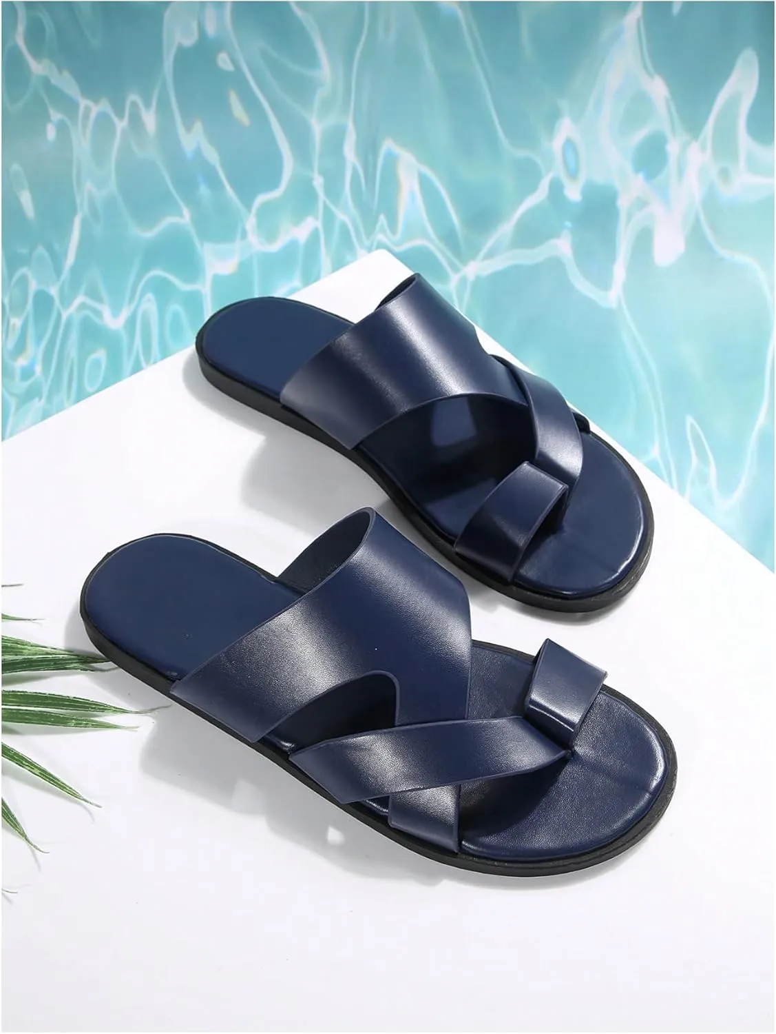 GORGLITTER Men's Beach Leather Sandals Slide Footwear Round Flip Flops Pu Slip On Slippers