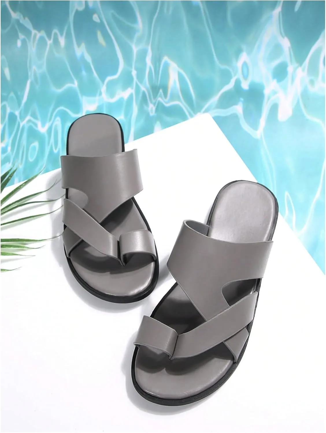 GORGLITTER Men's Beach Leather Sandals Slide Footwear Round Flip Flops Pu Slip On Slippers