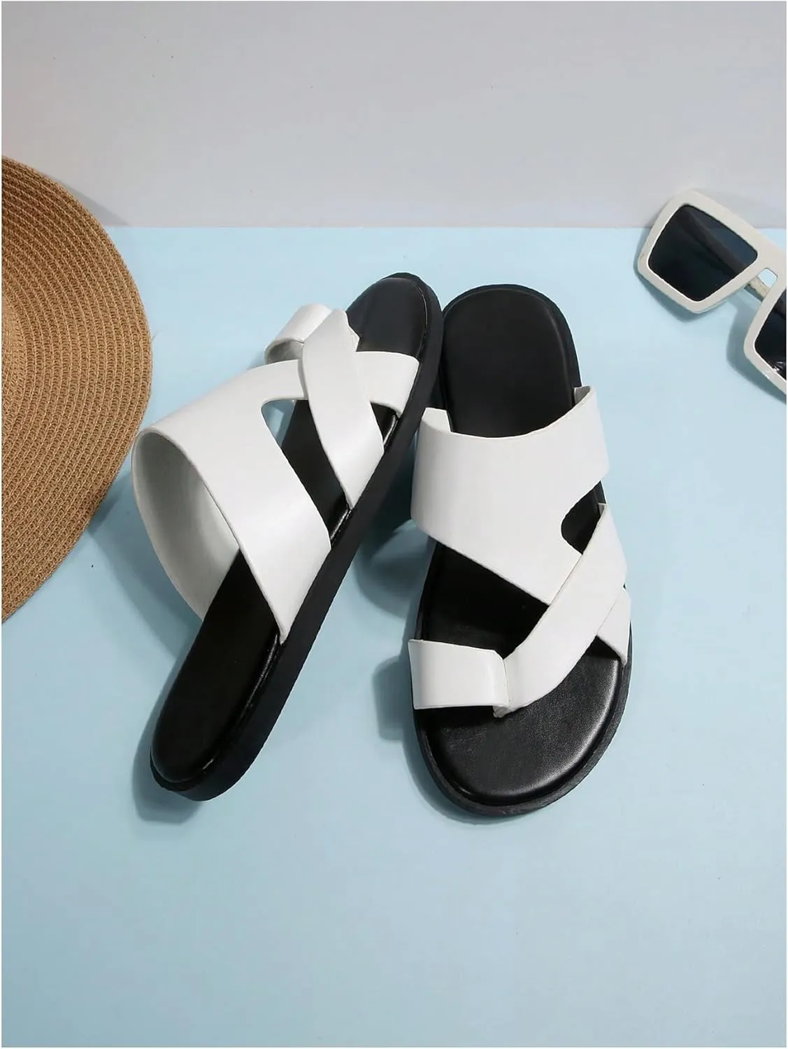 GORGLITTER Men's Beach Leather Sandals Slide Footwear Round Flip Flops Pu Slip On Slippers