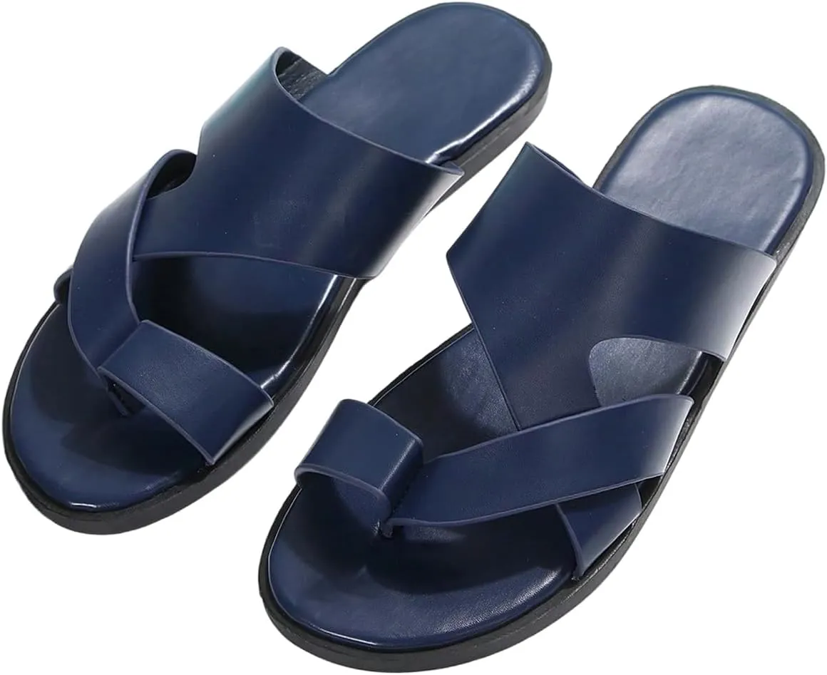 GORGLITTER Men's Beach Leather Sandals Slide Footwear Round Flip Flops Pu Slip On Slippers