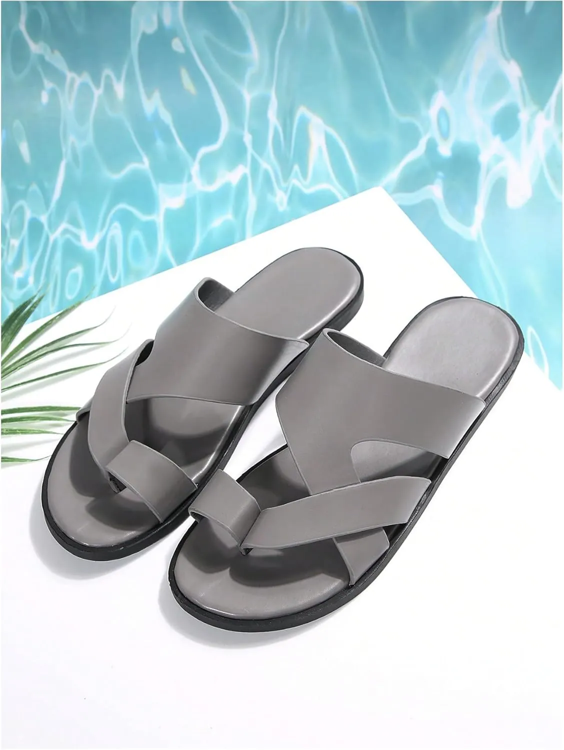GORGLITTER Men's Beach Leather Sandals Slide Footwear Round Flip Flops Pu Slip On Slippers
