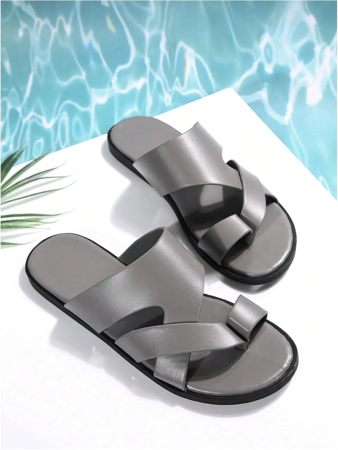 GORGLITTER Men's Beach Leather Sandals Slide Footwear Round Flip Flops Pu Slip On Slippers