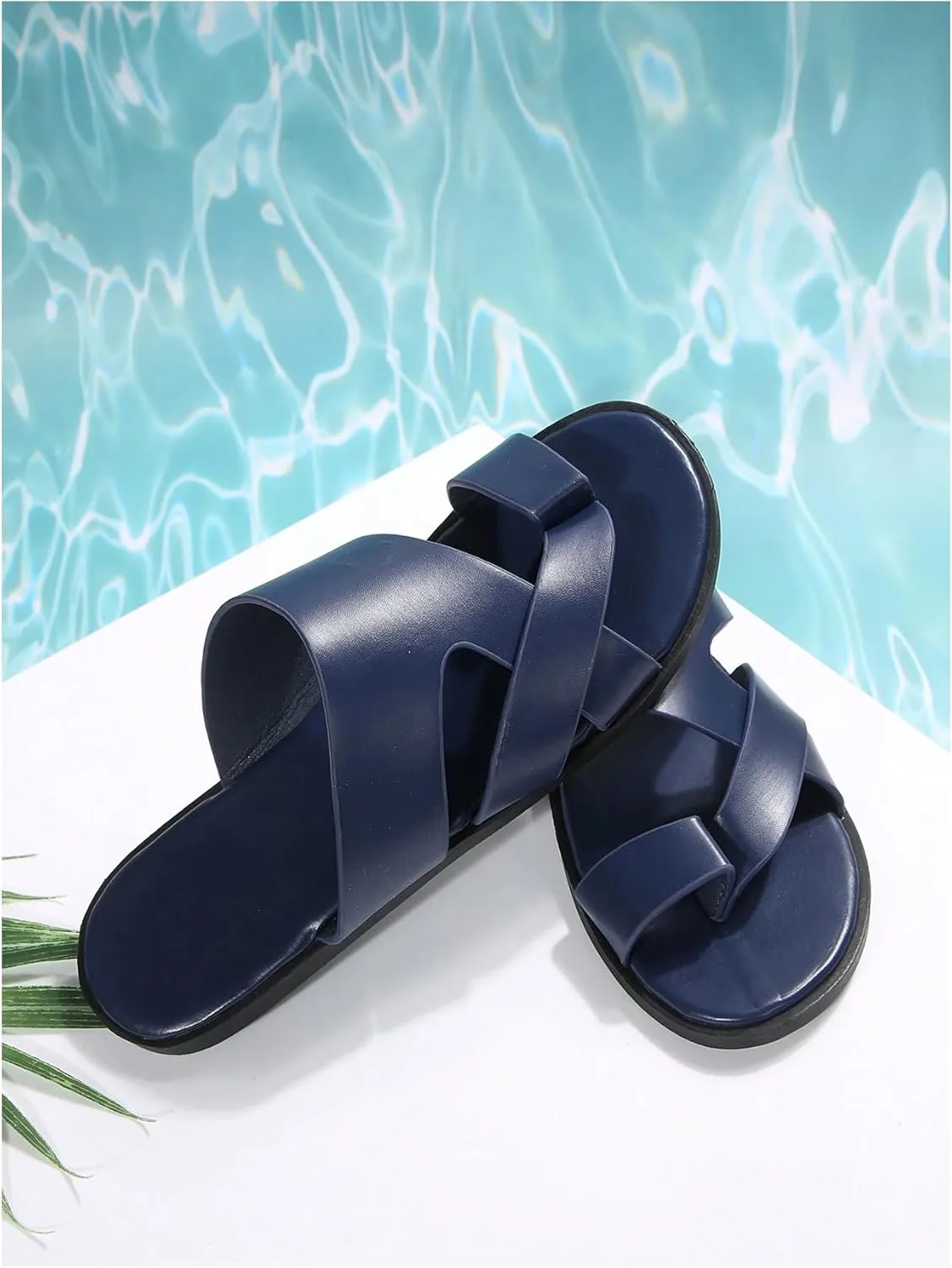 GORGLITTER Men's Beach Leather Sandals Slide Footwear Round Flip Flops Pu Slip On Slippers
