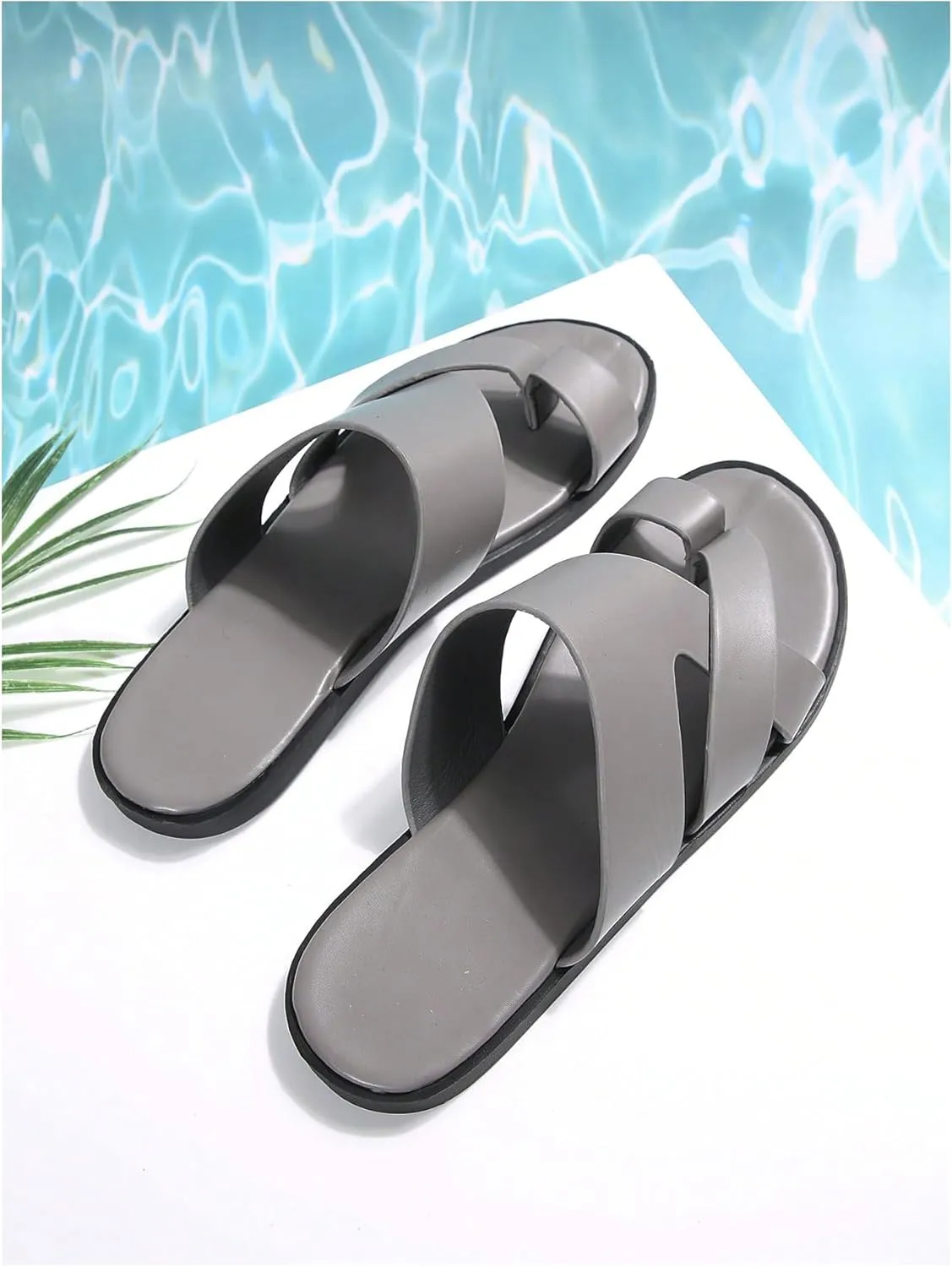 GORGLITTER Men's Beach Leather Sandals Slide Footwear Round Flip Flops Pu Slip On Slippers