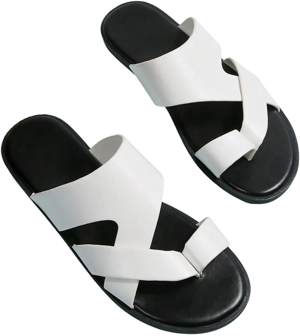 GORGLITTER Men's Beach Leather Sandals Slide Footwear Round Flip Flops Pu Slip On Slippers