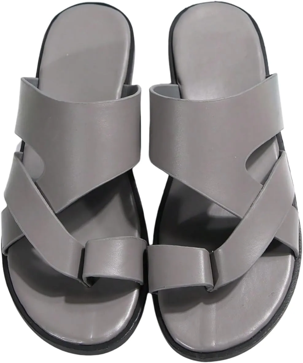GORGLITTER Men's Beach Leather Sandals Slide Footwear Round Flip Flops Pu Slip On Slippers