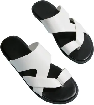 GORGLITTER Men's Beach Leather Sandals Slide Footwear Round Flip Flops Pu Slip On Slippers