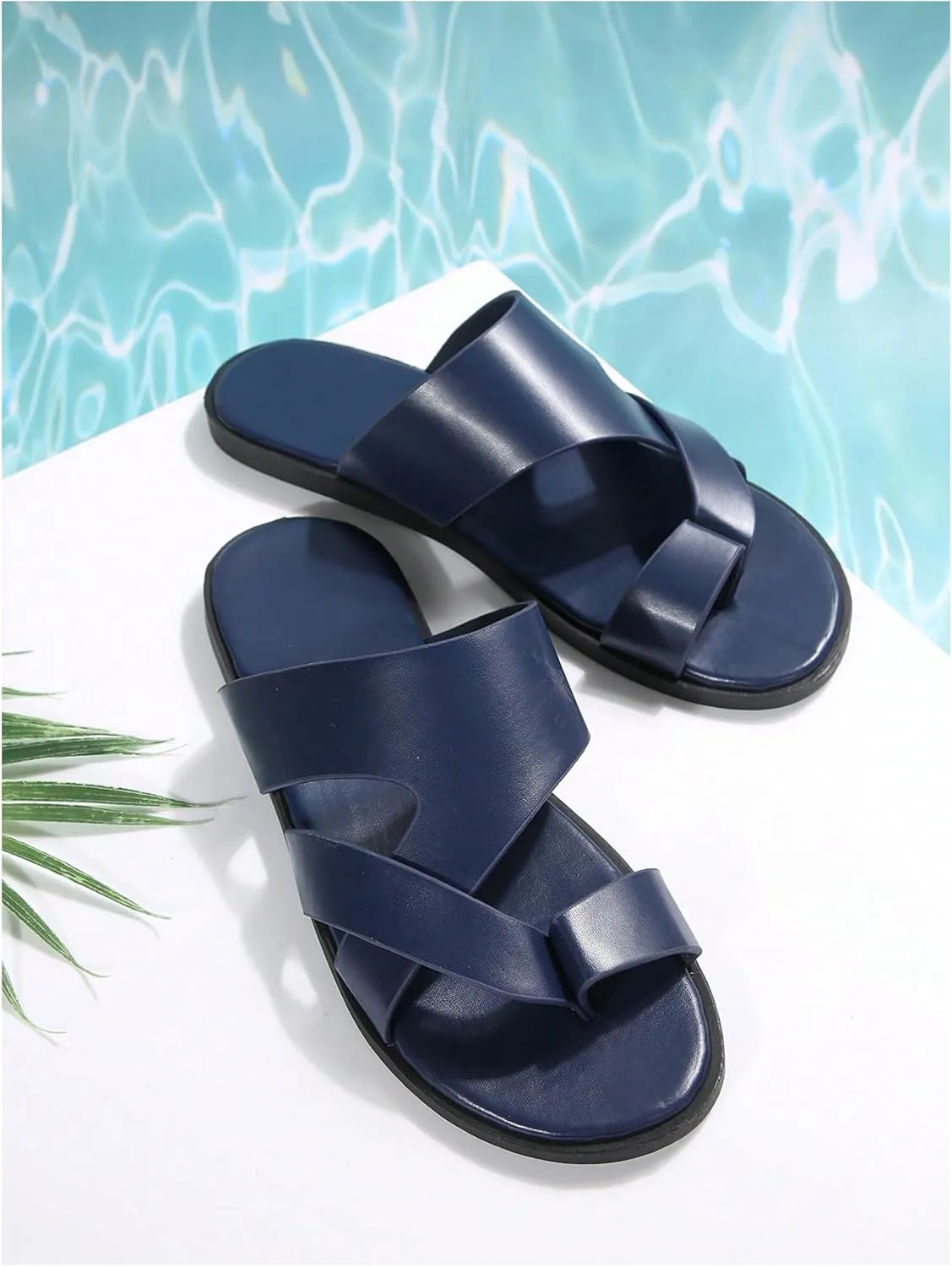 GORGLITTER Men's Beach Leather Sandals Slide Footwear Round Flip Flops Pu Slip On Slippers