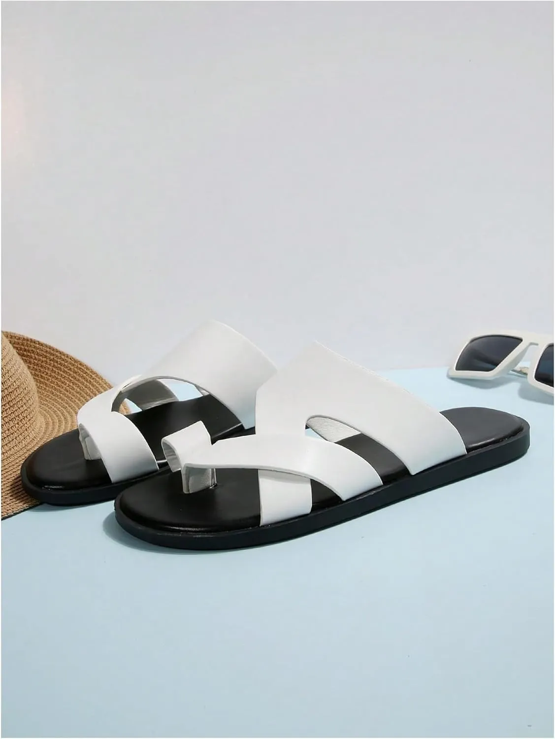 GORGLITTER Men's Beach Leather Sandals Slide Footwear Round Flip Flops Pu Slip On Slippers