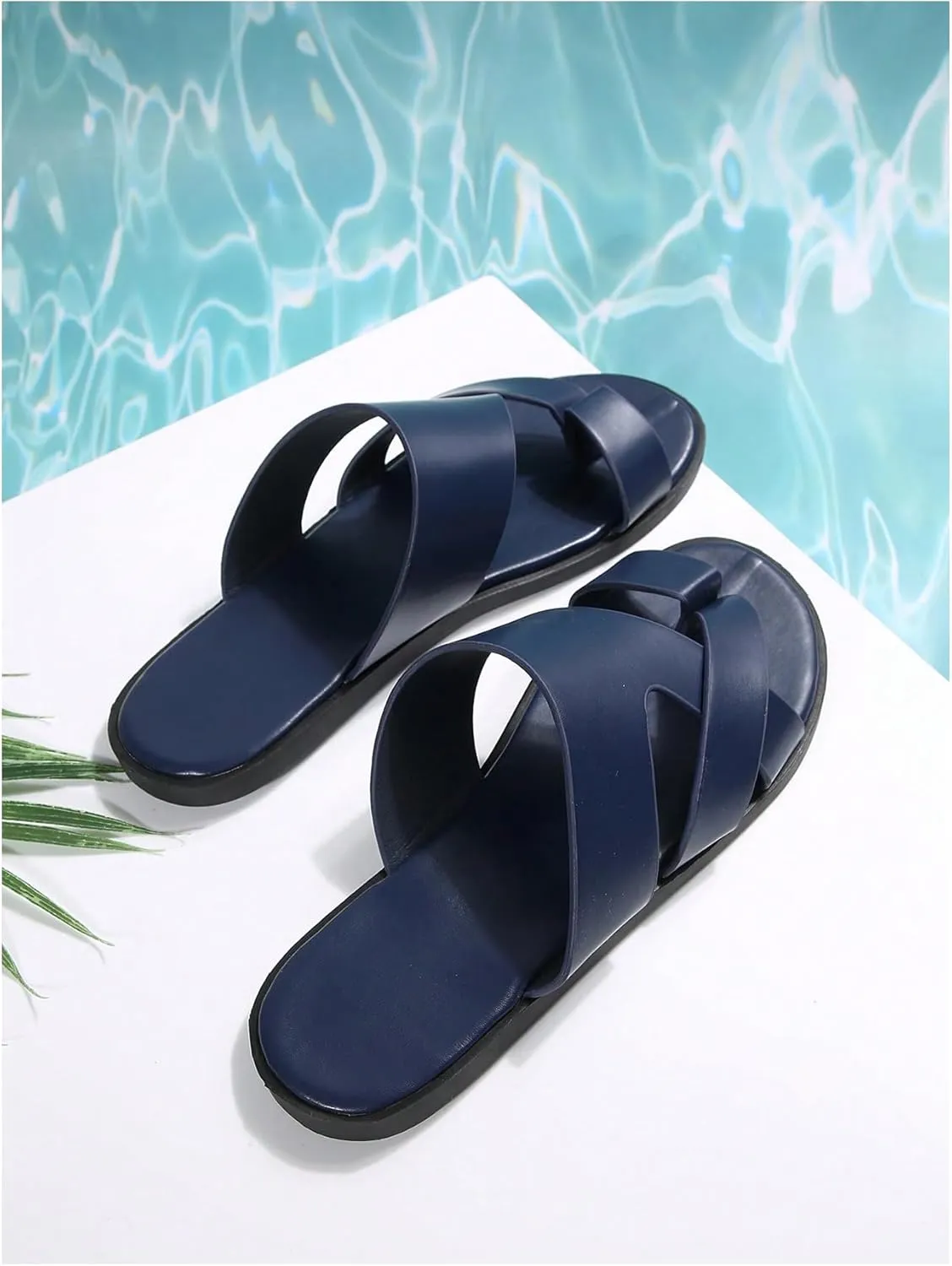 GORGLITTER Men's Beach Leather Sandals Slide Footwear Round Flip Flops Pu Slip On Slippers