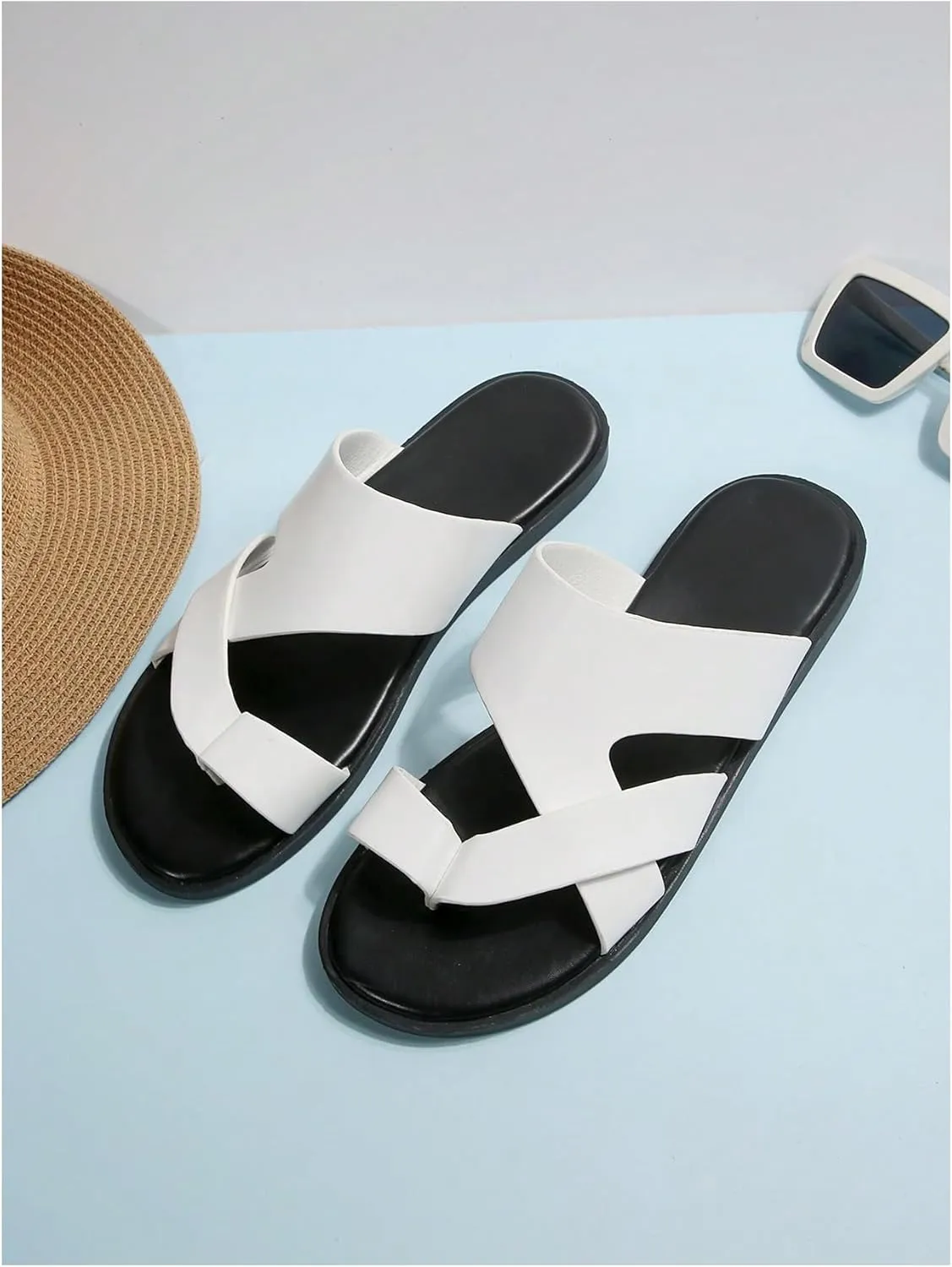 GORGLITTER Men's Beach Leather Sandals Slide Footwear Round Flip Flops Pu Slip On Slippers