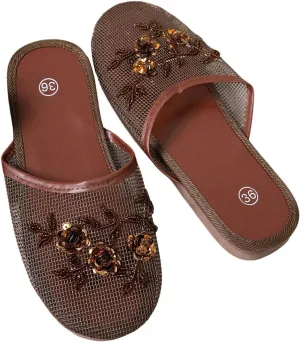 GORGLITTER Women's Chinese Slippers Floral Mesh Round Toe Flats Sandals