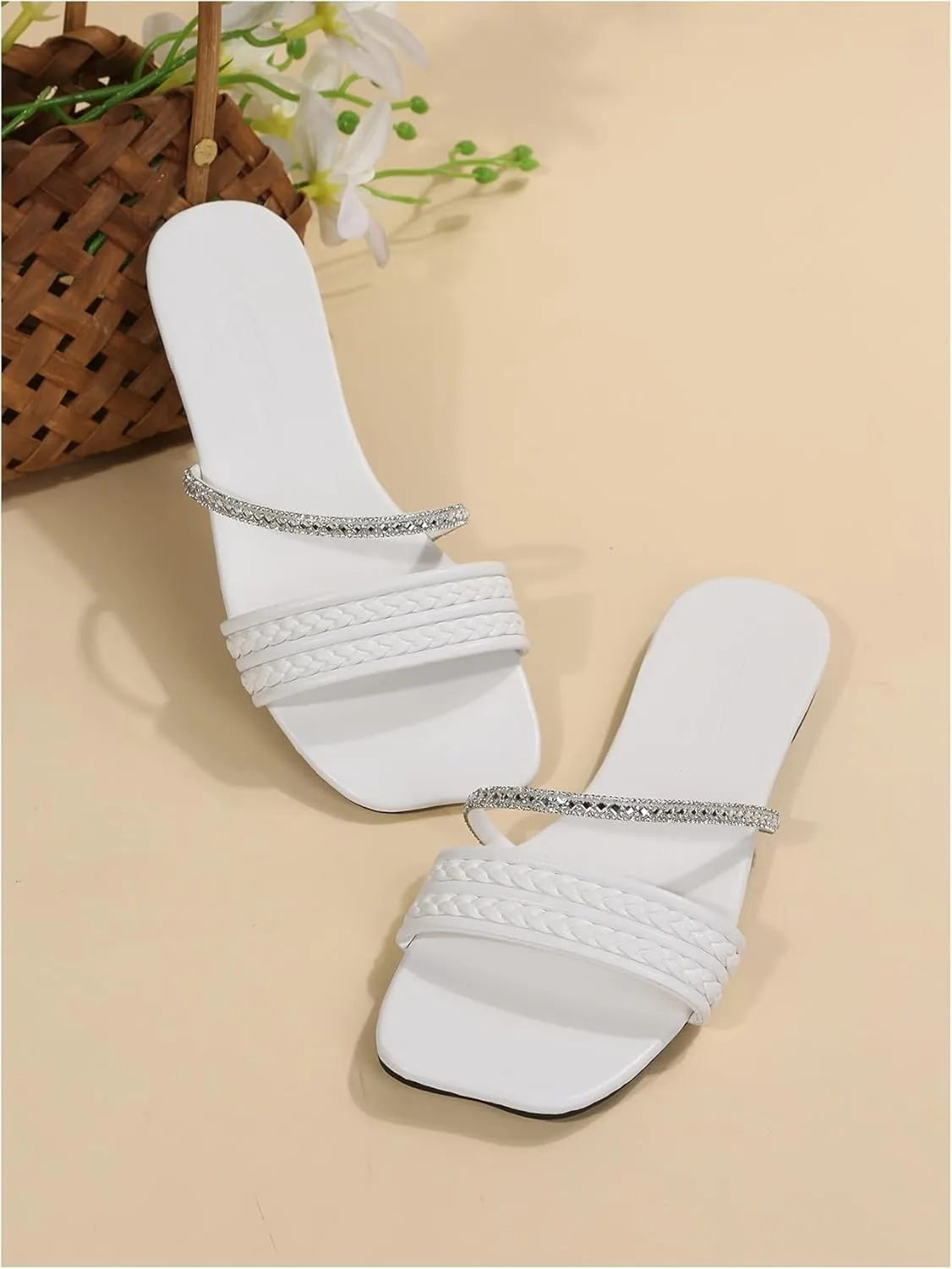 GORGLITTER Women's Glitter Rhinestone Braided Strappy Flats Pu Leather Square Open Toe Slide Sandals