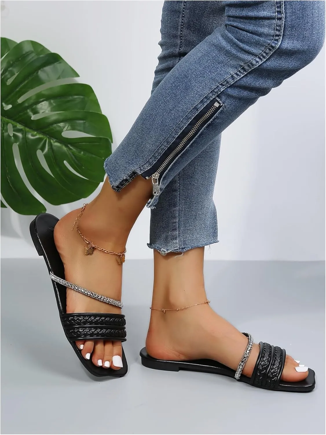 GORGLITTER Women's Glitter Rhinestone Braided Strappy Flats Pu Leather Square Open Toe Slide Sandals