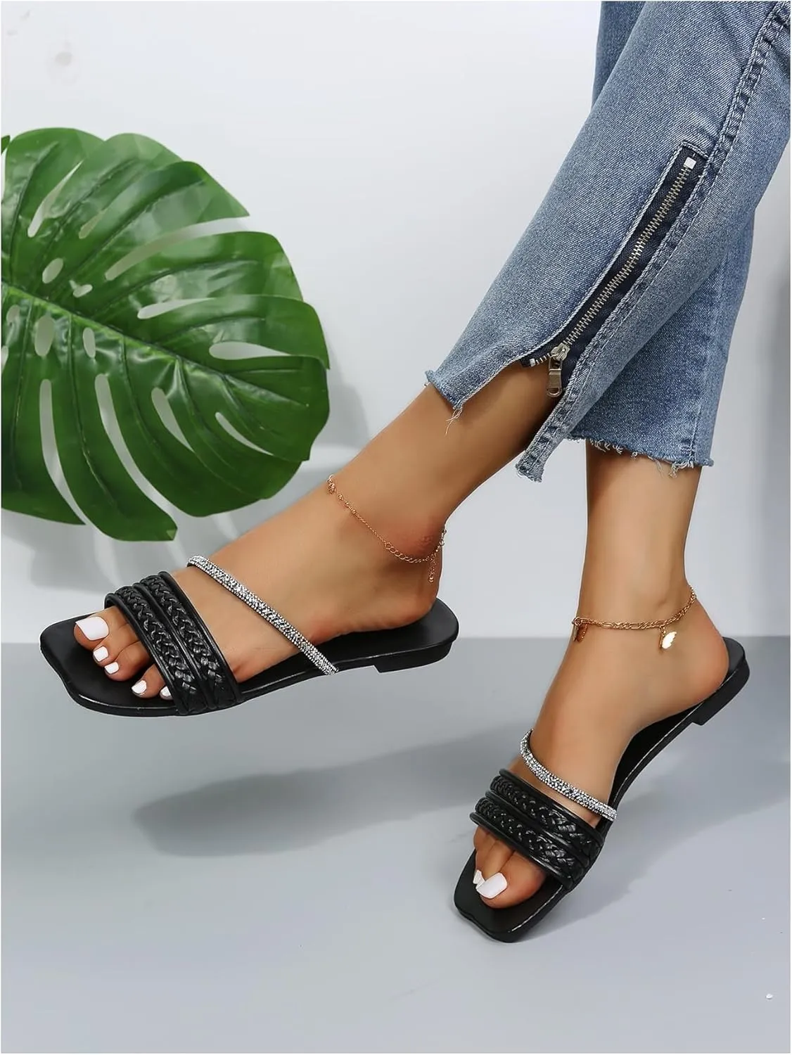 GORGLITTER Women's Glitter Rhinestone Braided Strappy Flats Pu Leather Square Open Toe Slide Sandals