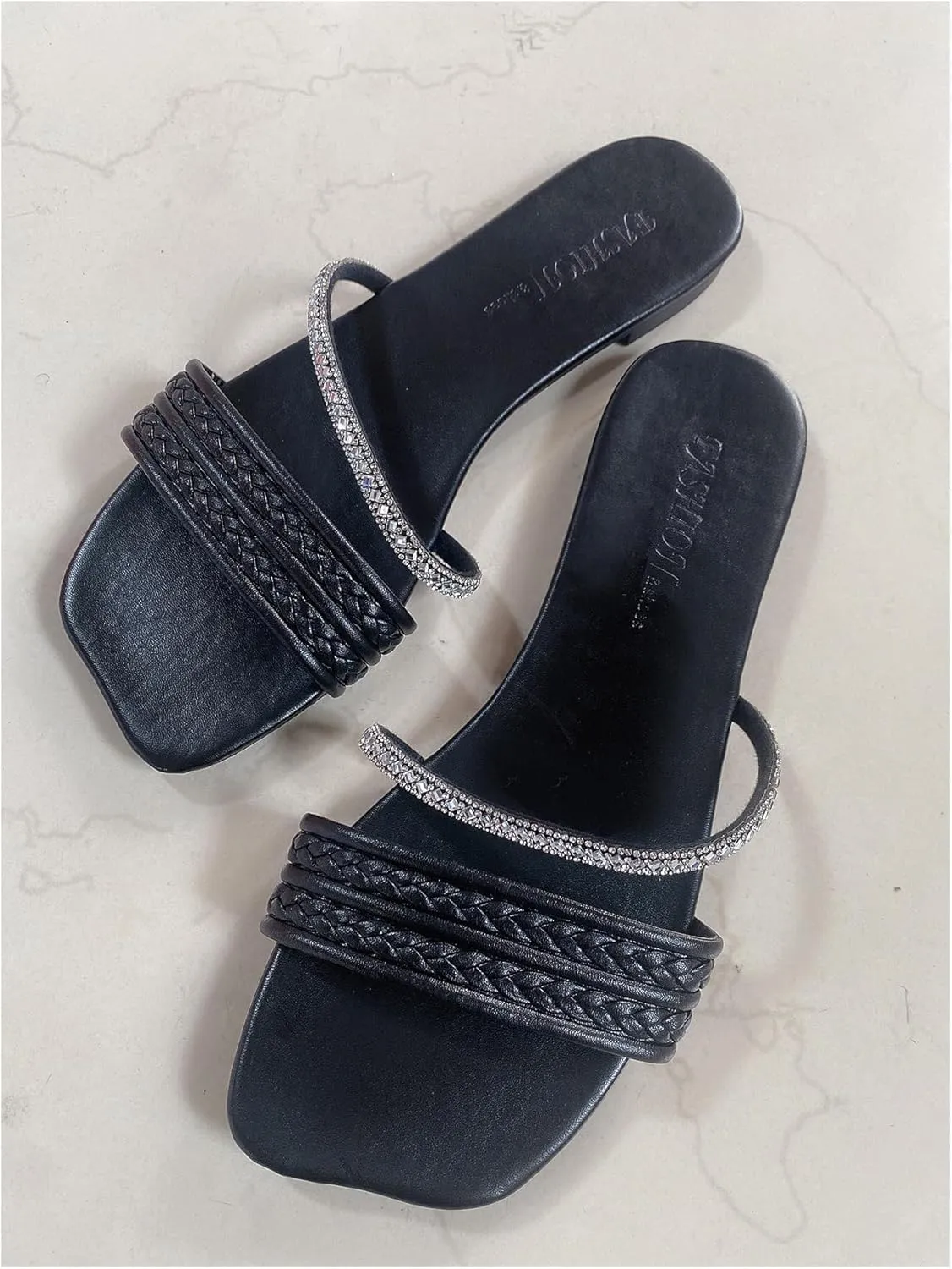 GORGLITTER Women's Glitter Rhinestone Braided Strappy Flats Pu Leather Square Open Toe Slide Sandals