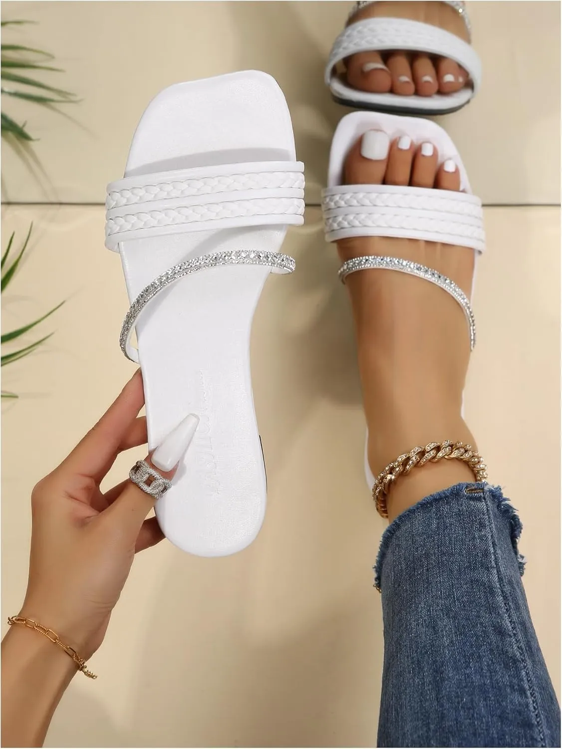 GORGLITTER Women's Glitter Rhinestone Braided Strappy Flats Pu Leather Square Open Toe Slide Sandals