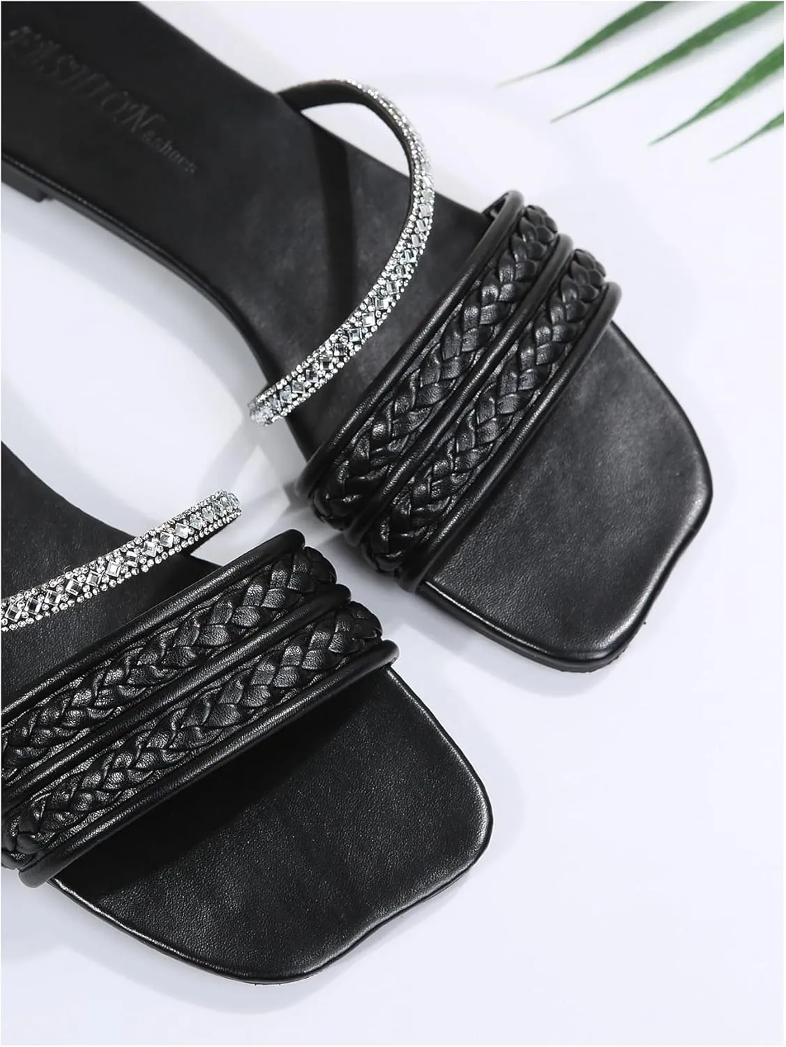 GORGLITTER Women's Glitter Rhinestone Braided Strappy Flats Pu Leather Square Open Toe Slide Sandals