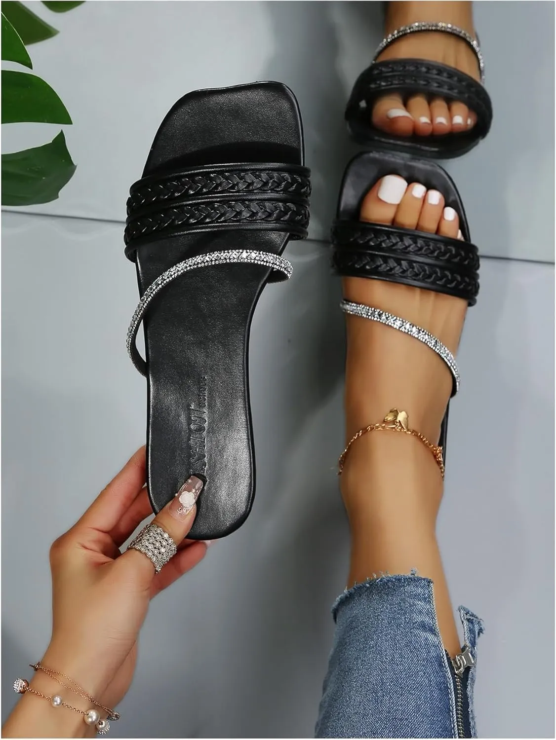GORGLITTER Women's Glitter Rhinestone Braided Strappy Flats Pu Leather Square Open Toe Slide Sandals