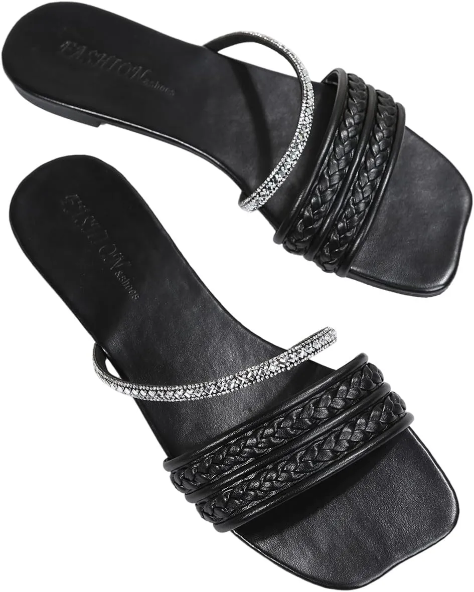 GORGLITTER Women's Glitter Rhinestone Braided Strappy Flats Pu Leather Square Open Toe Slide Sandals
