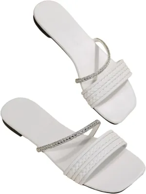 GORGLITTER Women's Glitter Rhinestone Braided Strappy Flats Pu Leather Square Open Toe Slide Sandals