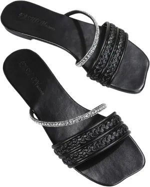GORGLITTER Women's Glitter Rhinestone Braided Strappy Flats Pu Leather Square Open Toe Slide Sandals