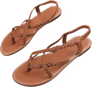 GORGLITTER Women's Leather Braided Ankle Strap Sandal Dressy Cute Thong Slippers Summer Vacation Flats Sandals 2025