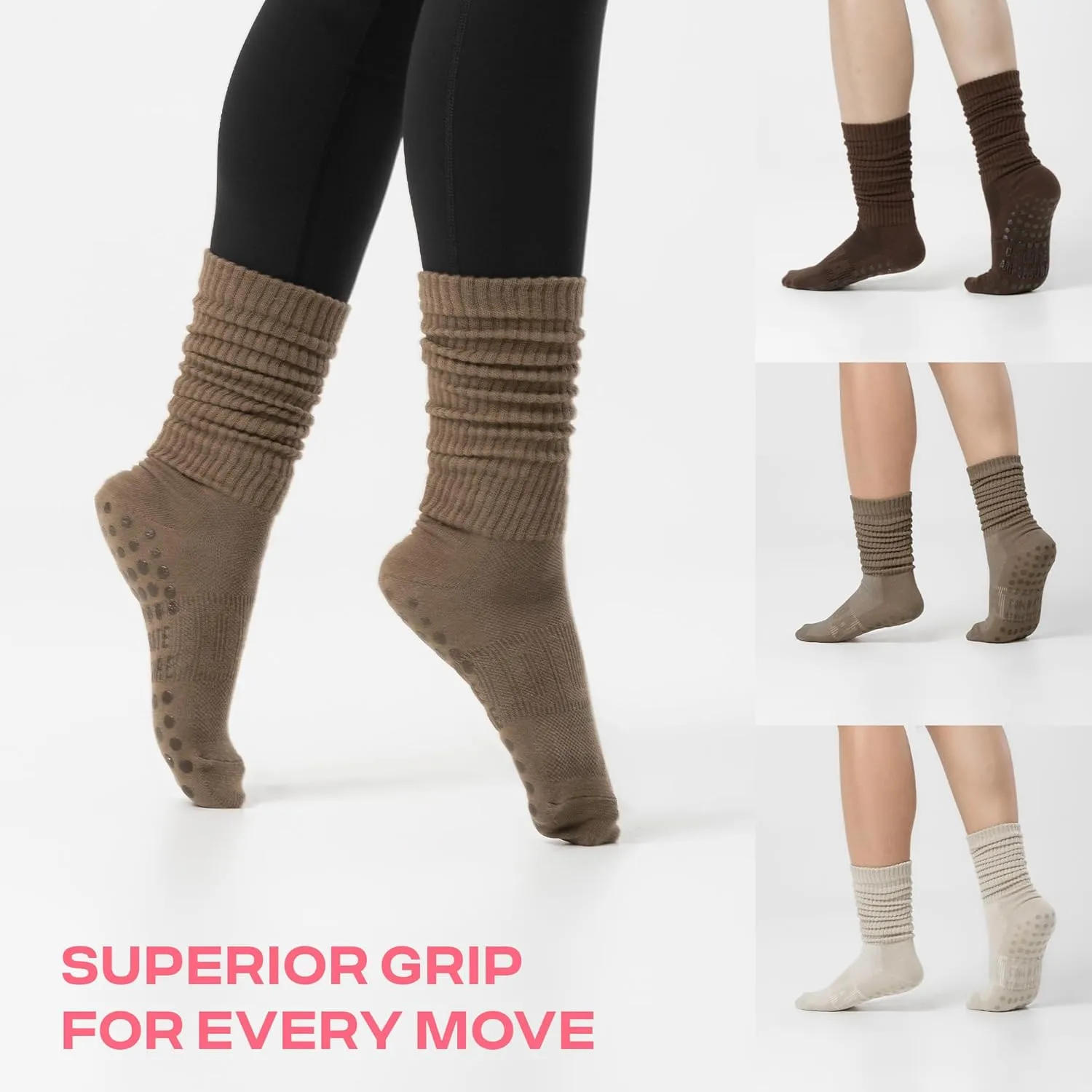 Grip Yoga Pilates Socks for Women, Yoga Pilates Barre, Long Tall Cotton Scrunch Non Slip Socks, Cute Gifts