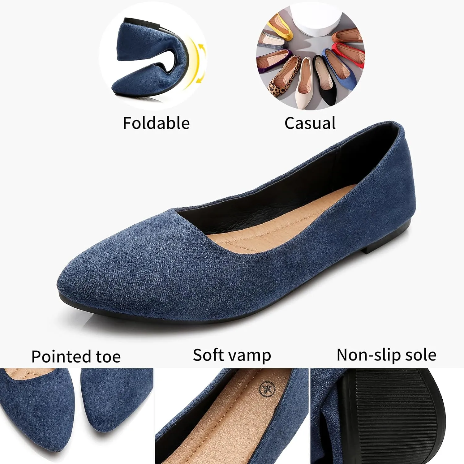 HEAWISH Women’s Black Flats Shoes Comfortable Suede Pointed Toe Slip On Casual Ballet Flats Dress Shoes Nude Flats