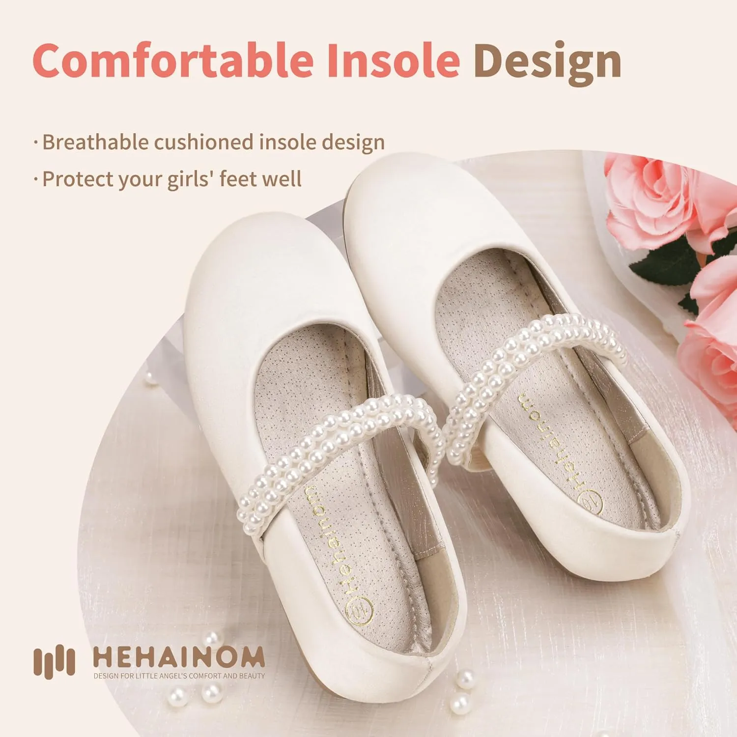 Hehainom Toddler Flower Girls Dress Shoes, Mary Jane Princess Ballet Flats with Bow and Peals for Party School