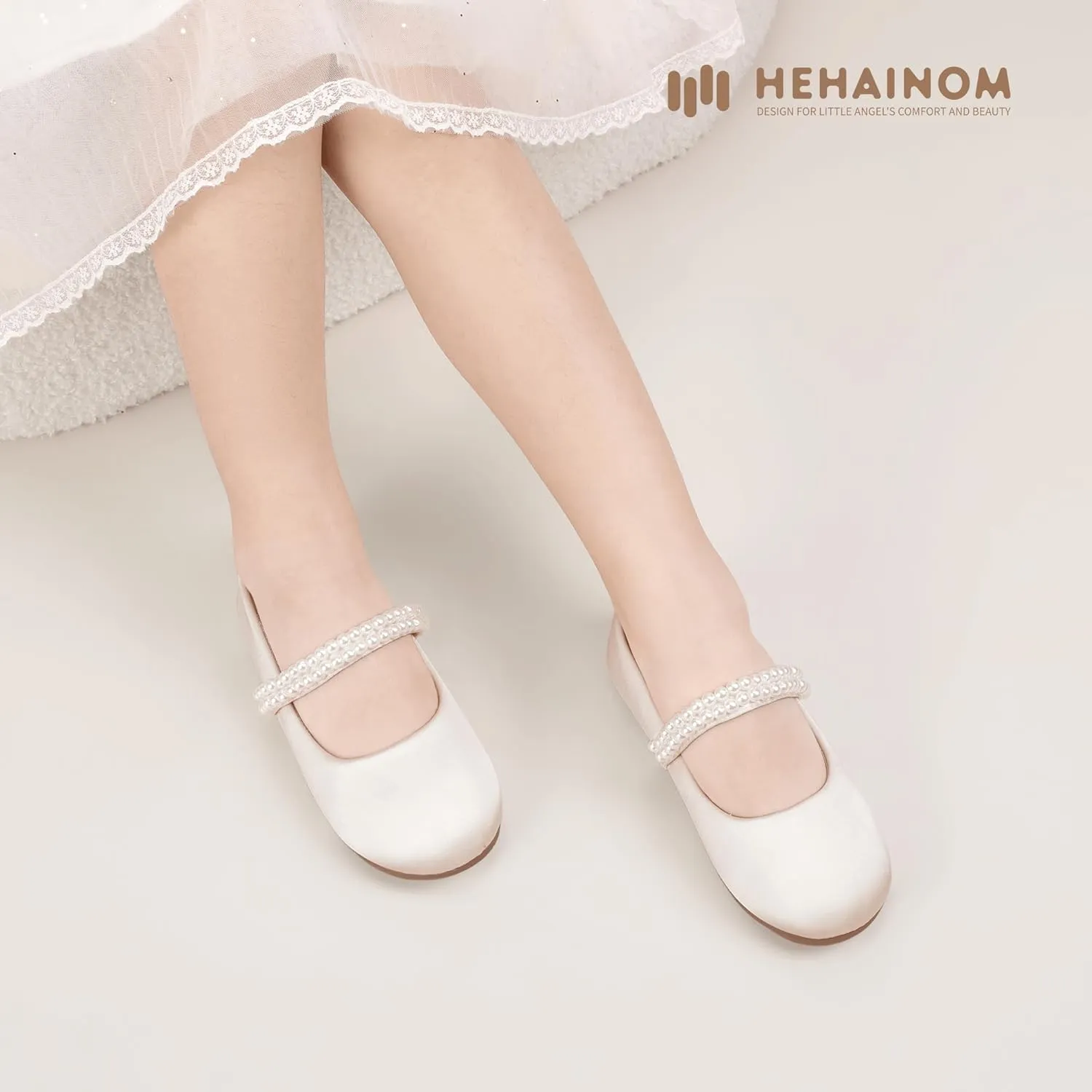 Hehainom Toddler Flower Girls Dress Shoes, Mary Jane Princess Ballet Flats with Bow and Peals for Party School