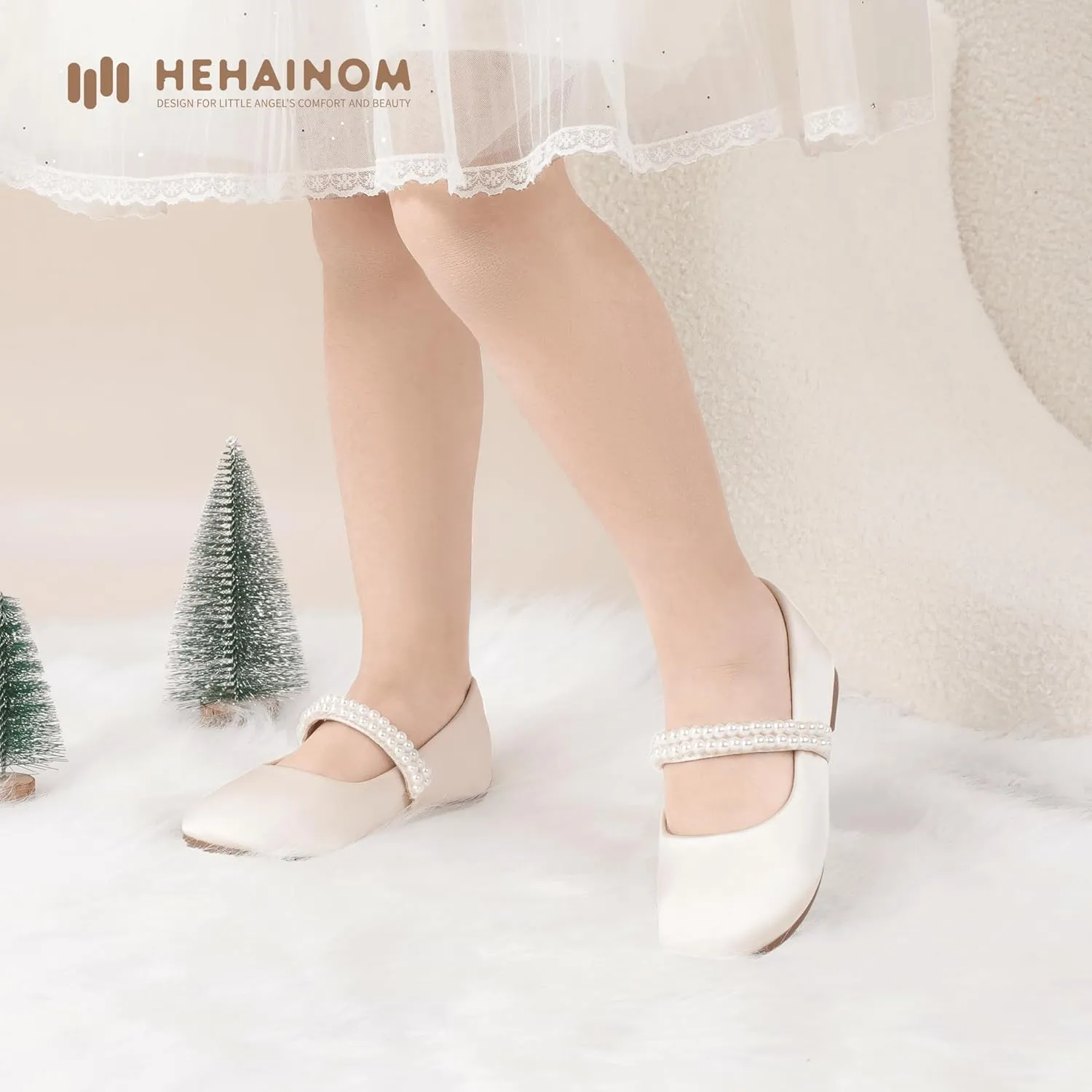 Hehainom Toddler Flower Girls Dress Shoes, Mary Jane Princess Ballet Flats with Bow and Peals for Party School