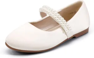Hehainom Toddler Flower Girls Dress Shoes, Mary Jane Princess Ballet Flats with Bow and Peals for Party School