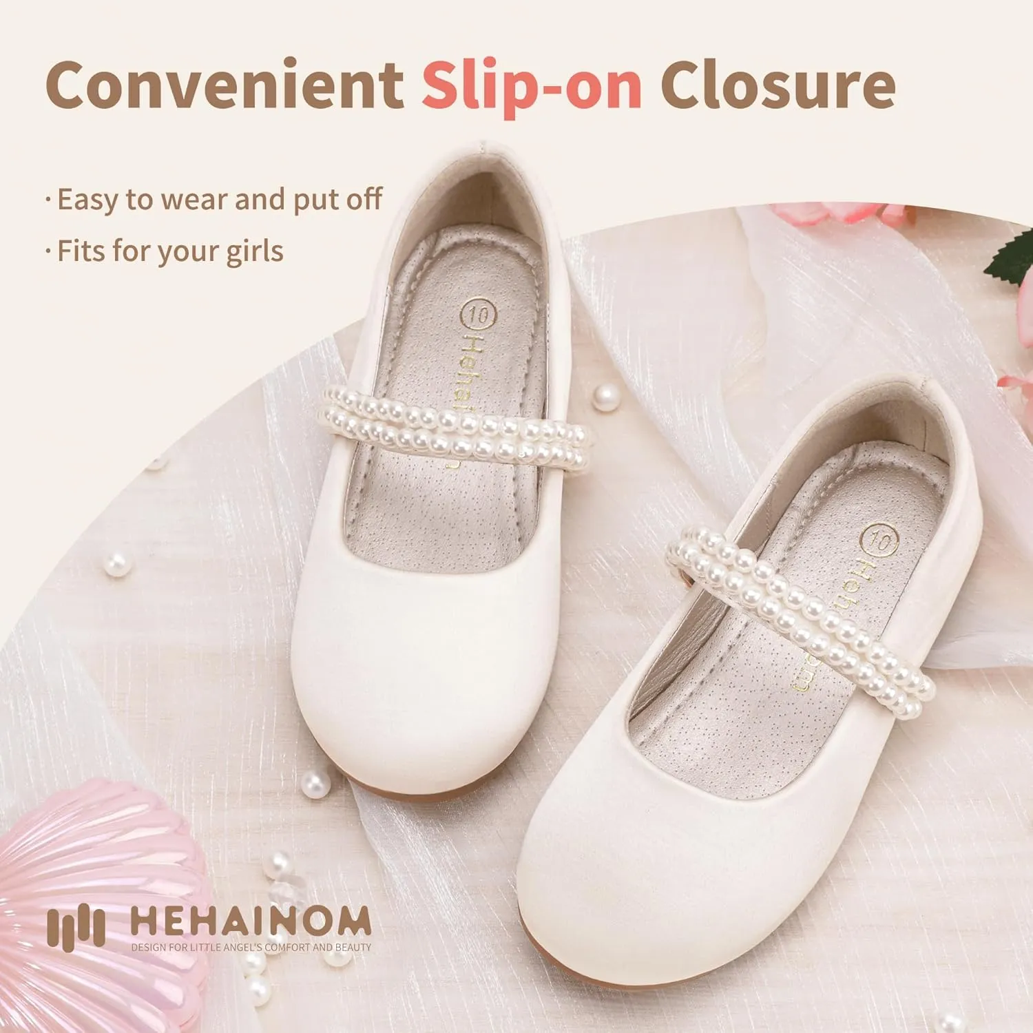 Hehainom Toddler Flower Girls Dress Shoes, Mary Jane Princess Ballet Flats with Bow and Peals for Party School