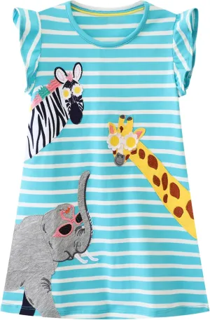 Hongshilian Toddler Girls Casual Cotton Dress Cartoon Appliques Short Sleeve Summer Playwear Dresses