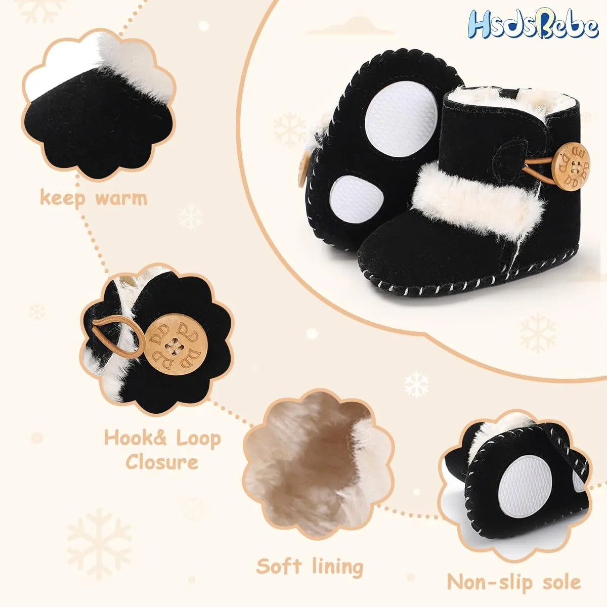 HsdsBebe Baby Boys Girls Snow Boots Premium Button Non Slip Soft Sole Toddler First Walker Winter Warm Crib Shoes