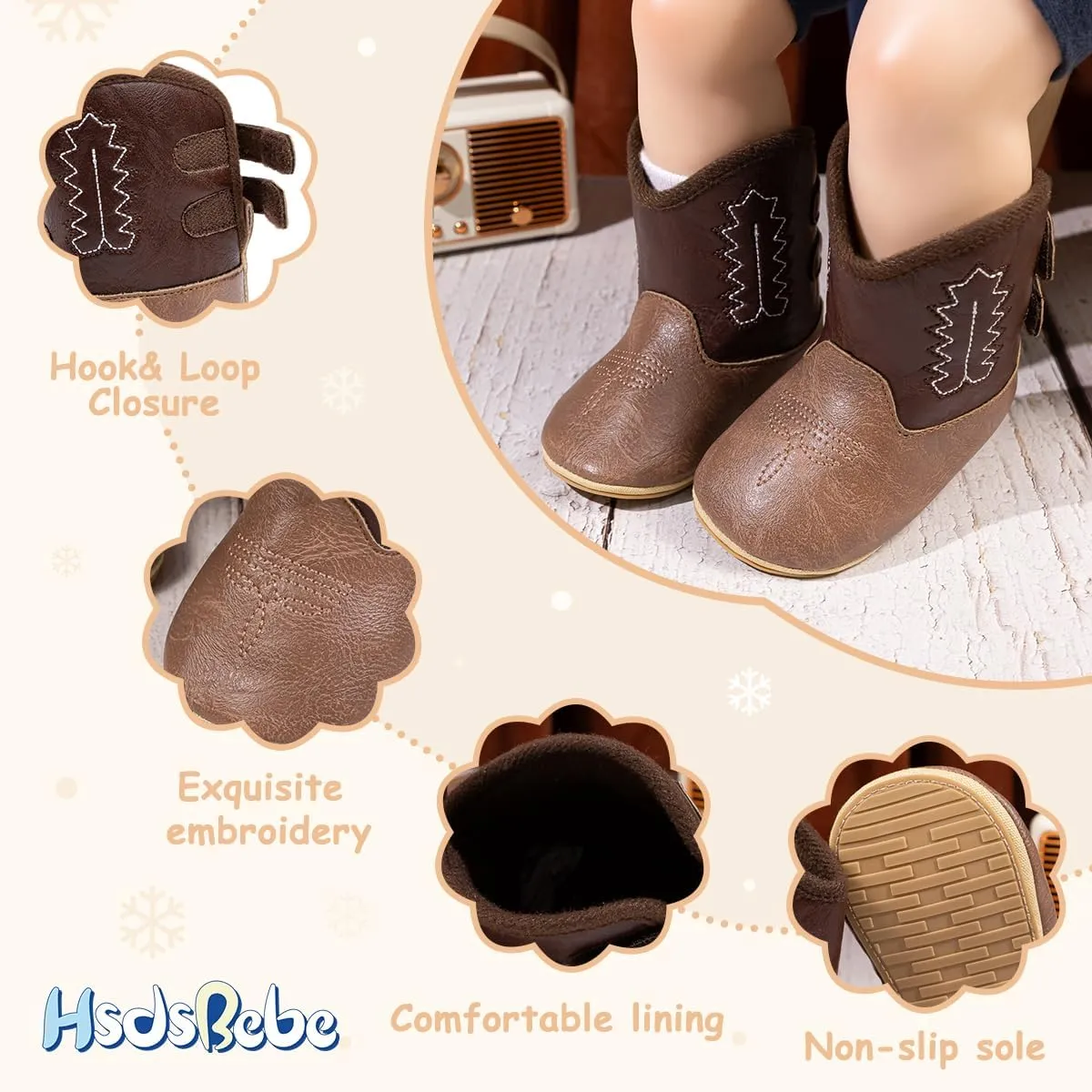 HsdsBebe Baby Boys Girls Western Cowboy Boots Infant Moccasins High Top Booties Toddler Soft Sole Non-Slip First Walker Crib Shoes
