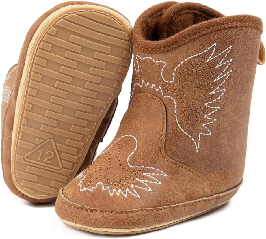 HsdsBebe Baby Boys Girls Western Cowboy Boots Infant Moccasins High Top Booties Toddler Soft Sole Non-Slip First Walker Crib Shoes
