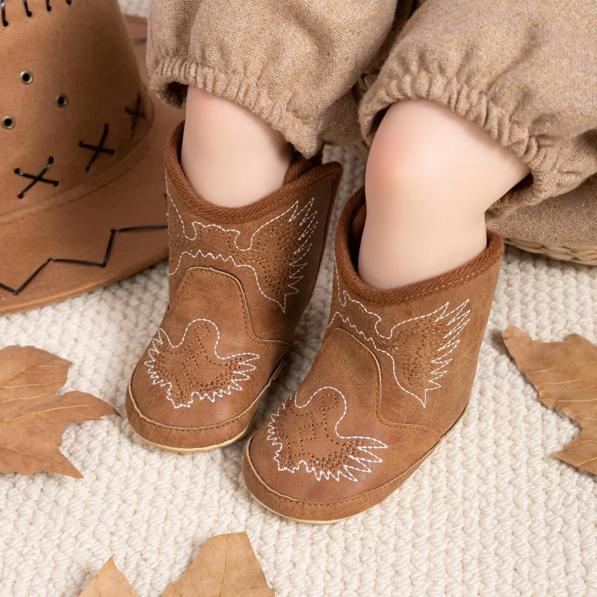 HsdsBebe Baby Boys Girls Western Cowboy Boots Infant Moccasins High Top Booties Toddler Soft Sole Non-Slip First Walker Crib Shoes