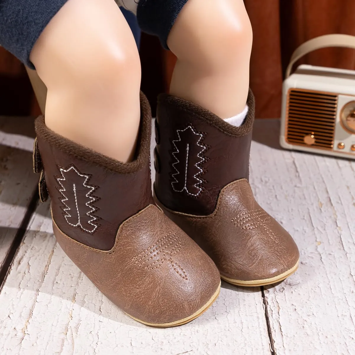 HsdsBebe Baby Boys Girls Western Cowboy Boots Infant Moccasins High Top Booties Toddler Soft Sole Non-Slip First Walker Crib Shoes